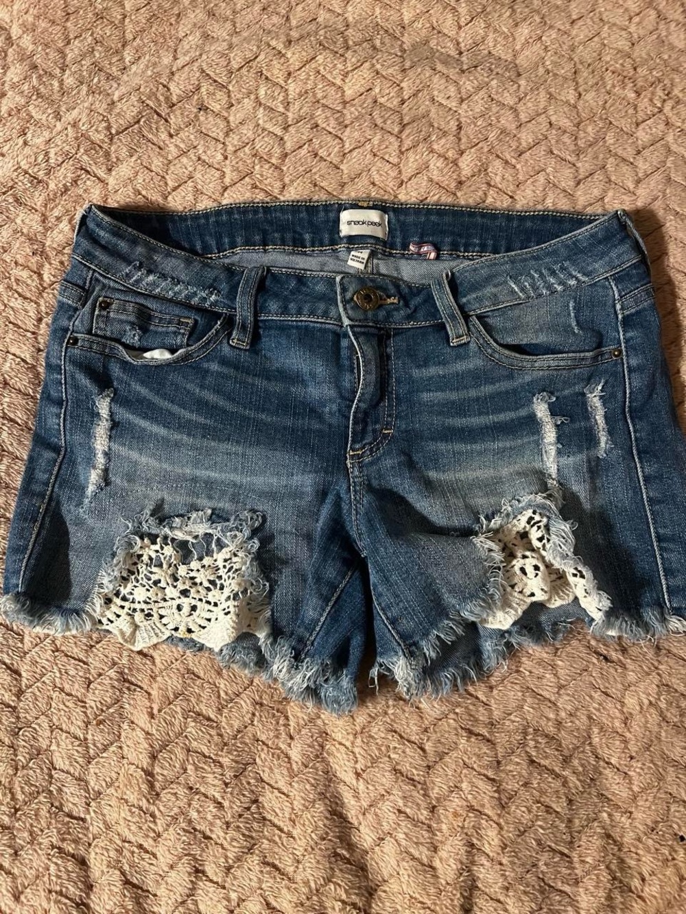 Sneak Peek Blue Denim Crochet Accent Cutoff Shorts